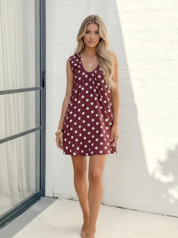 Women's Sleeveless Red Dress with White Polka Dots, Casual Summer Style Dress